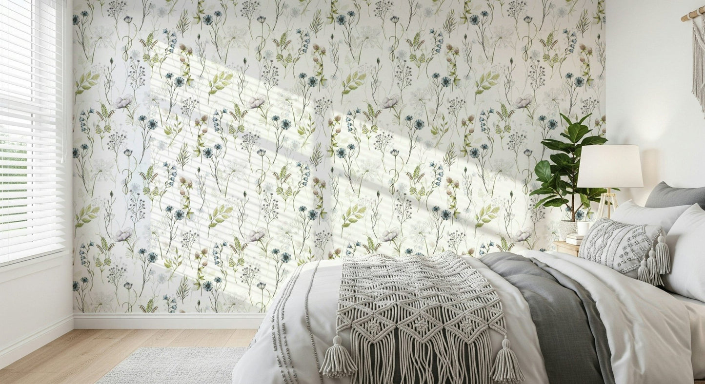 Captivating Painted Watercolor Meadow Blooms wallpaper mural with wildflowers.
