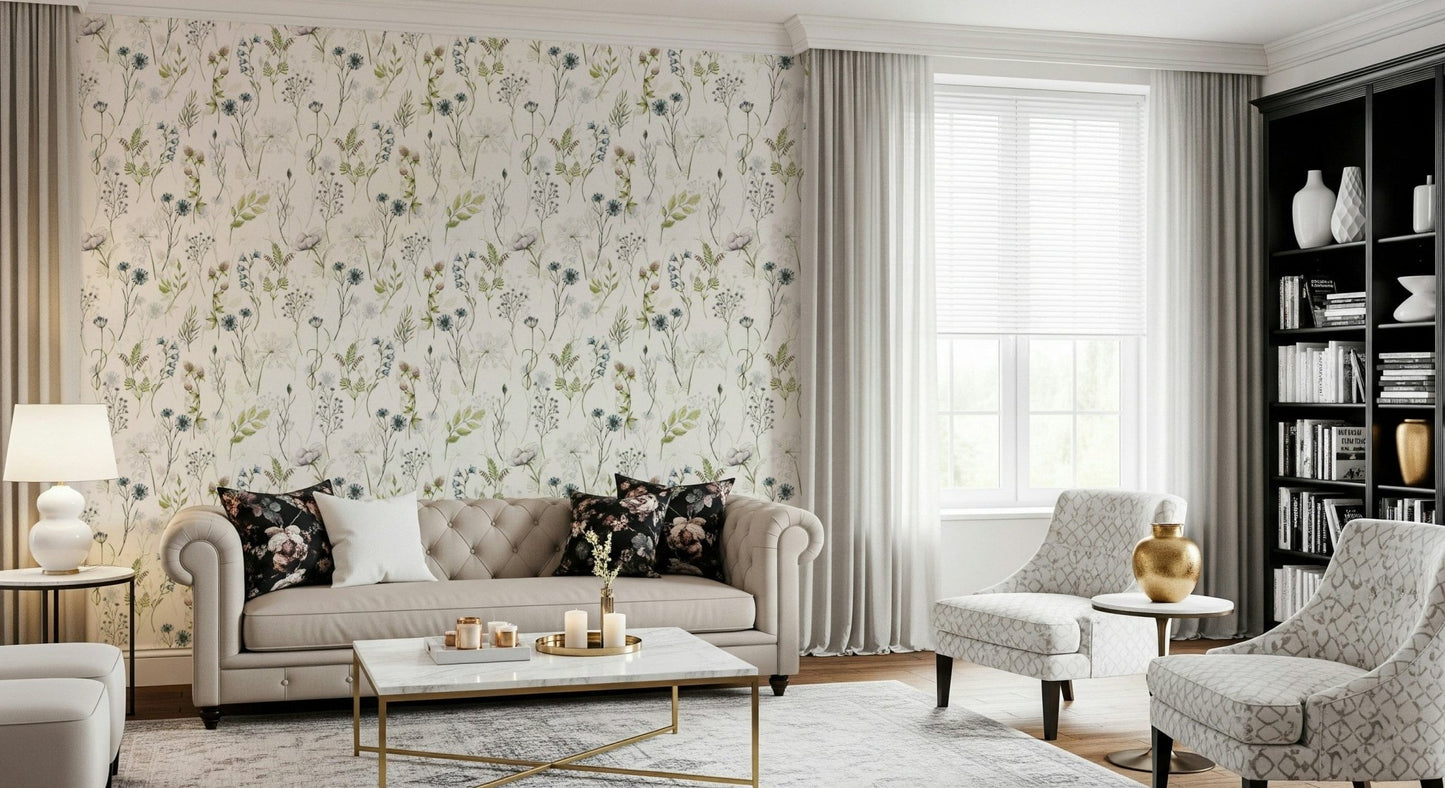 Radiant Painted Watercolor Meadow Blooms wall mural with watercolor strokes.
