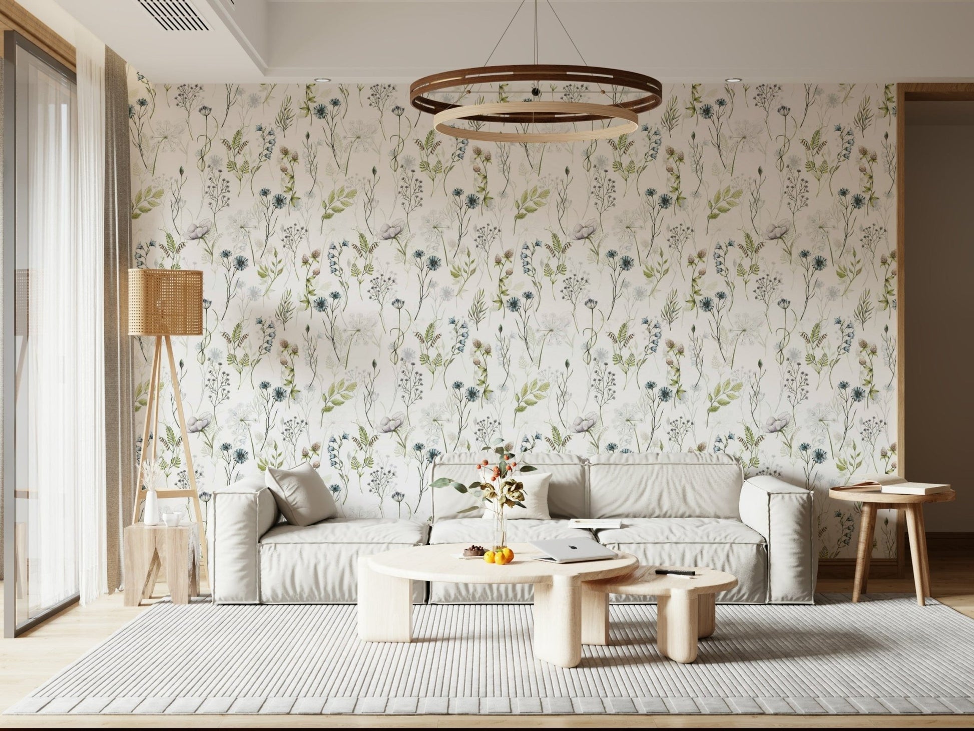 Dreamy Painted Watercolor Meadow Blooms wallpaper mural in meadow landscape.
