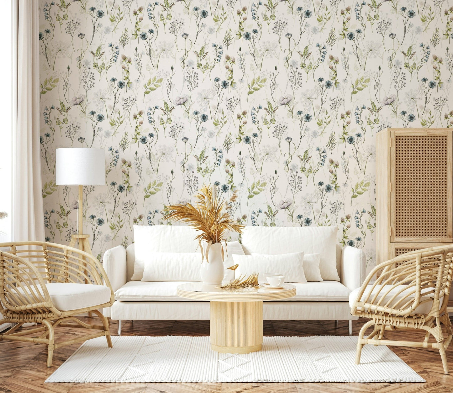 Blissful Painted Watercolor Meadow Blooms wall mural showcasing garden blooms.

