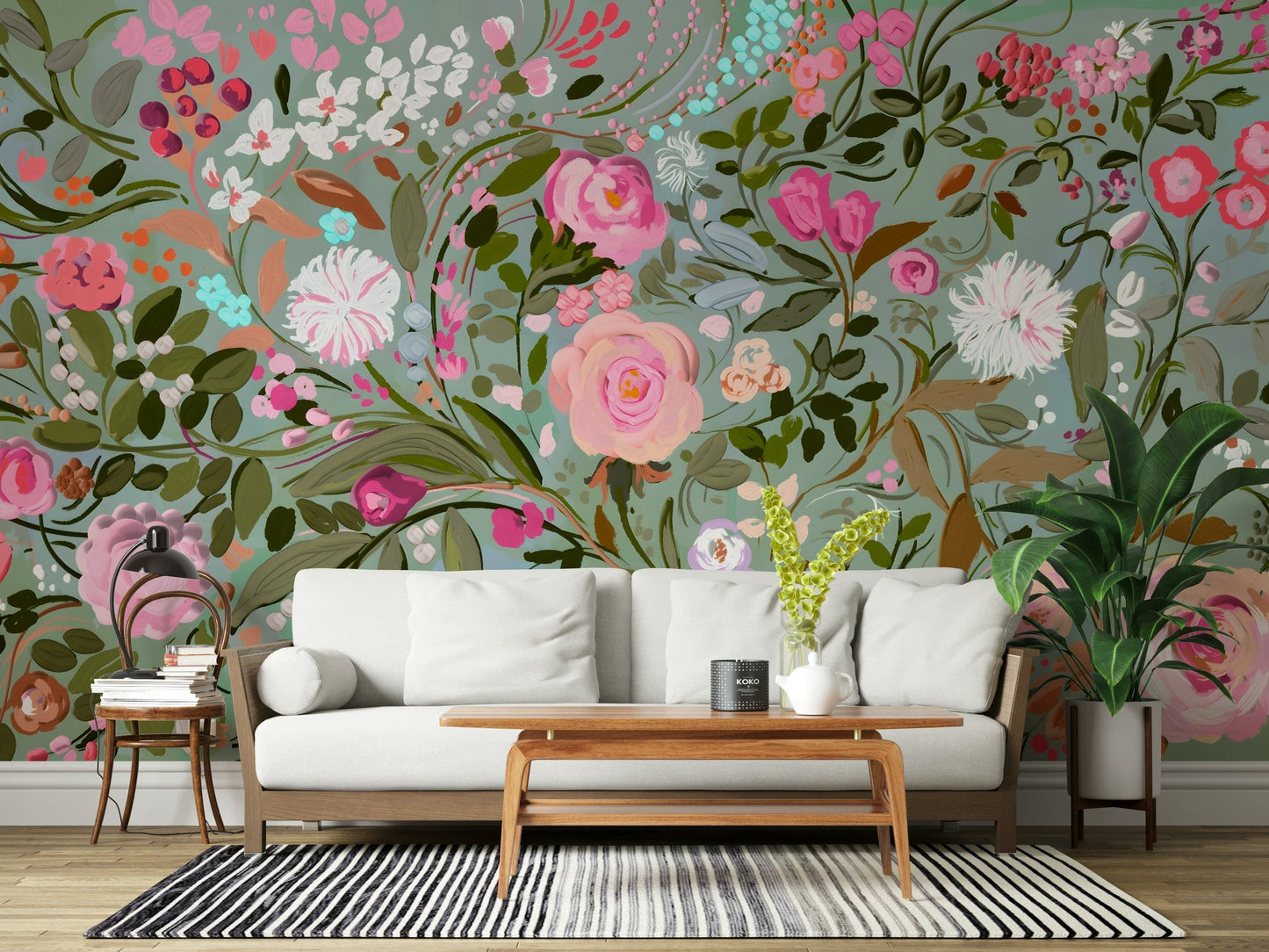 A graceful subtle flower wall mural in soft, elegant tones.

