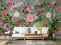A graceful subtle flower wall mural in soft, elegant tones.

