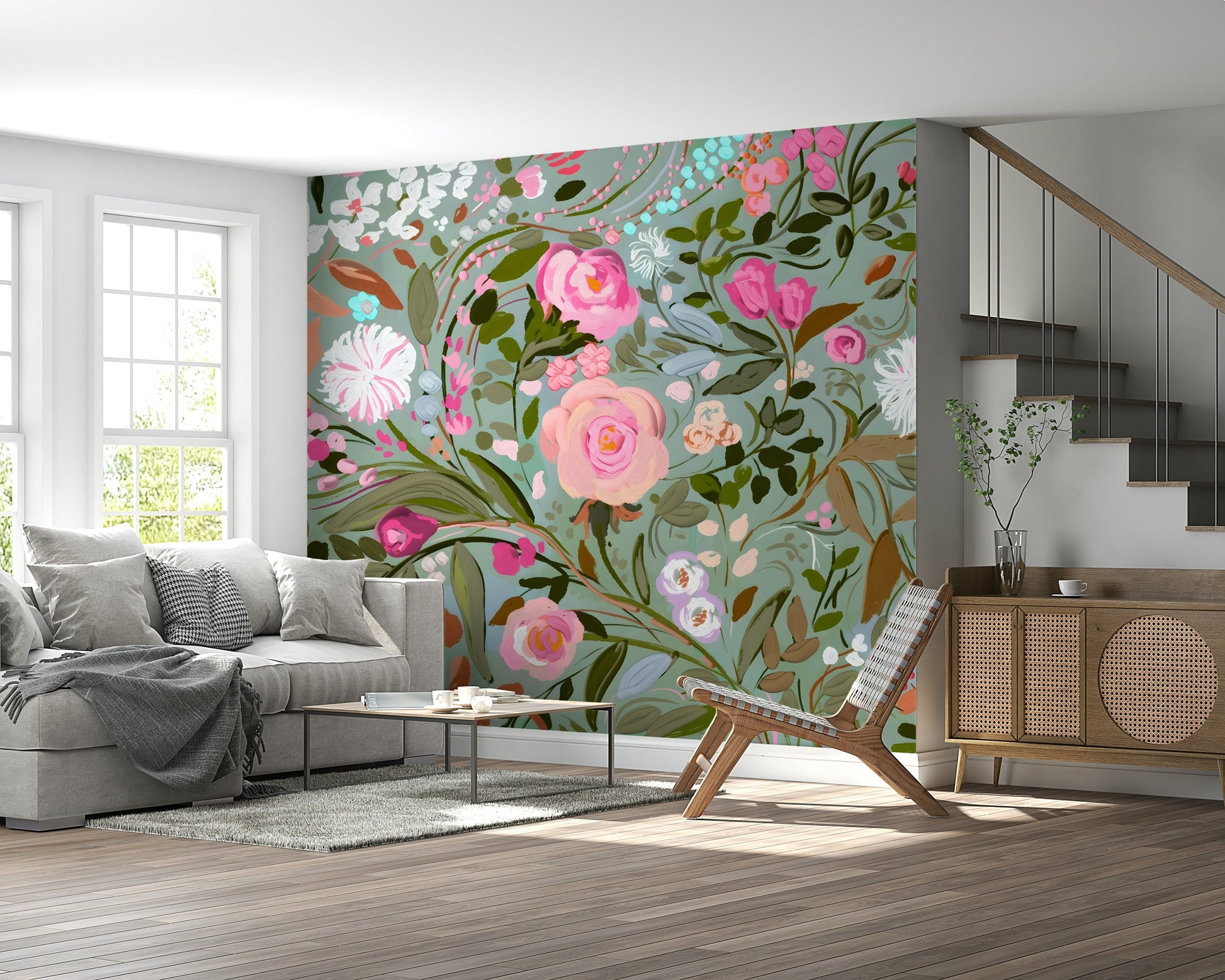 A contemplative painterly floral wallpaper mural for a feature wall.

