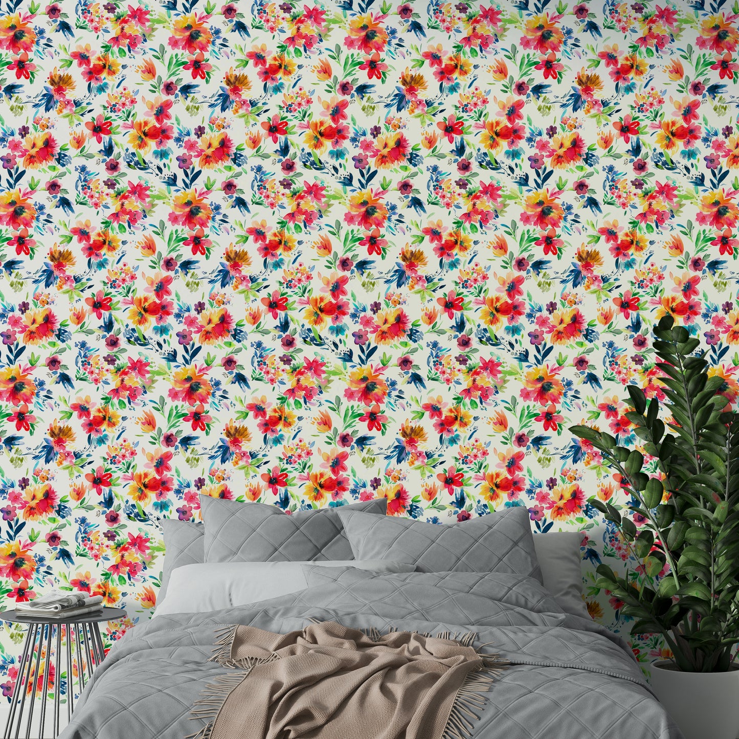 Painterly Flowers Tropical Red Wallpaper⁠