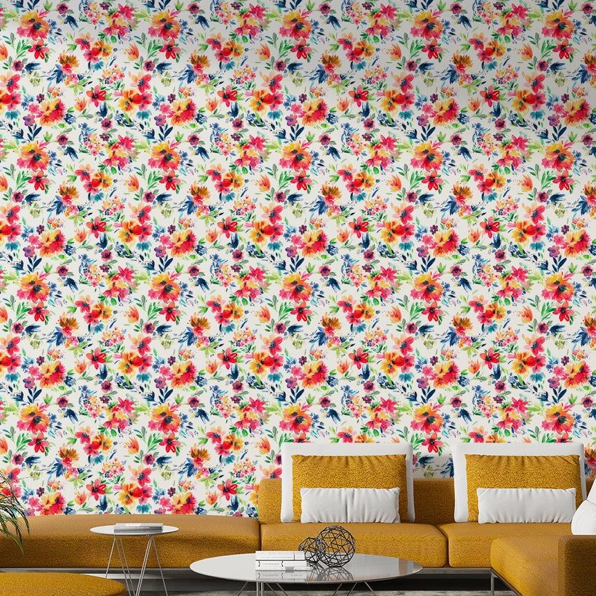 Painterly Flowers Tropical Red Wallpaper⁠