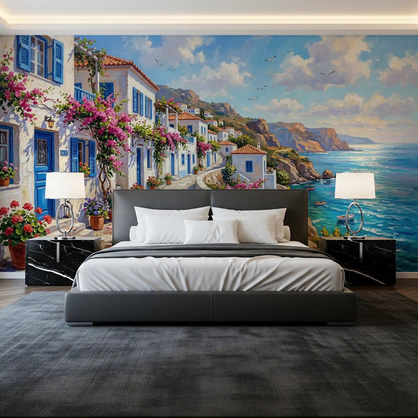 Bedroom Greek village wall mural with blue shutters and flowers