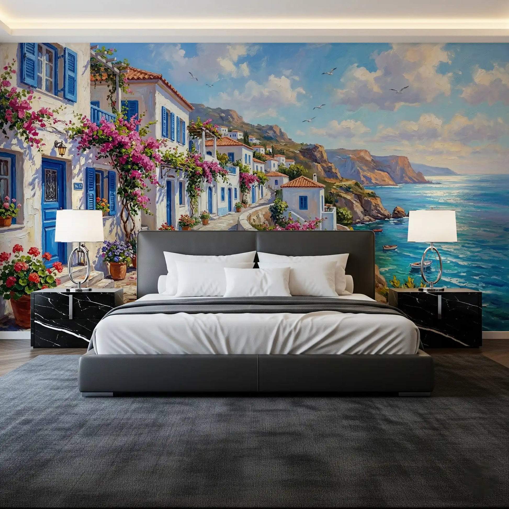 Bedroom Greek village wall mural with blue shutters and flowers