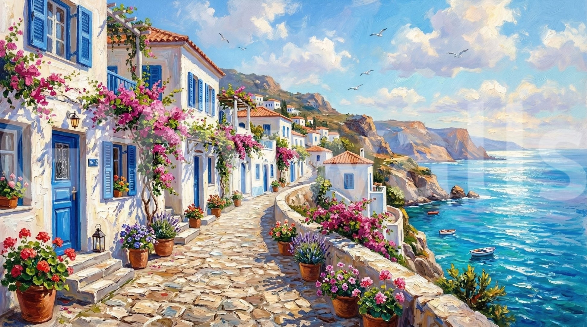 Seaside mural with white houses and bright painterly coastal scenery