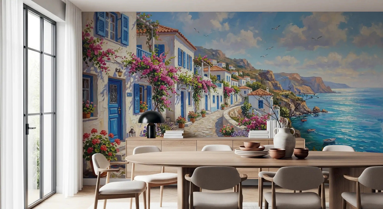 Dining room Greek isle wall mural with coastal houses and sea
