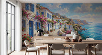 Dining room Greek isle wall mural with coastal houses and sea