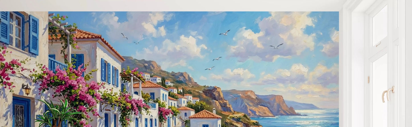 Greek seaside wall mural with cliffs and blooming flowers
