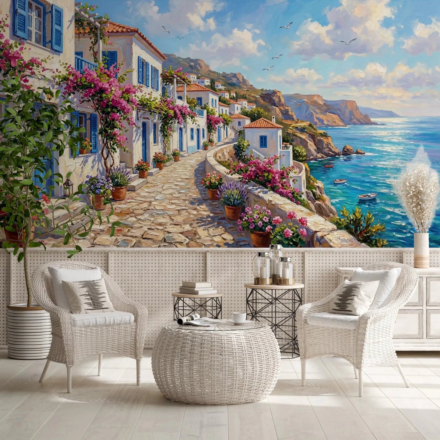 Hallway Greek coastal wall mural with white homes and sea view