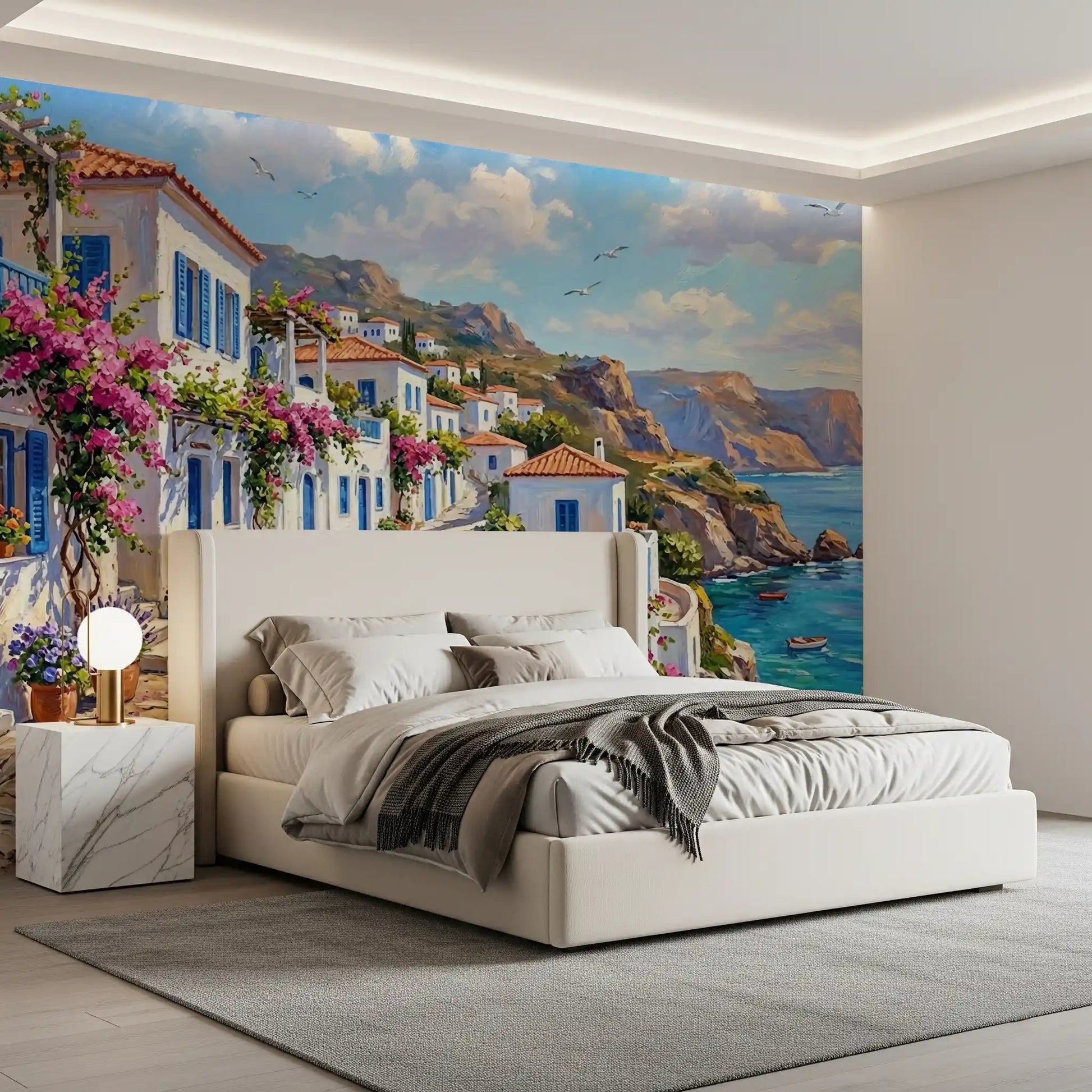 Coastal path wall mural with white village and ocean view