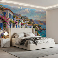 Coastal path wall mural with white village and ocean view