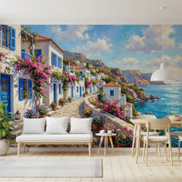 Greek isle wall mural with white houses and blue shutters
