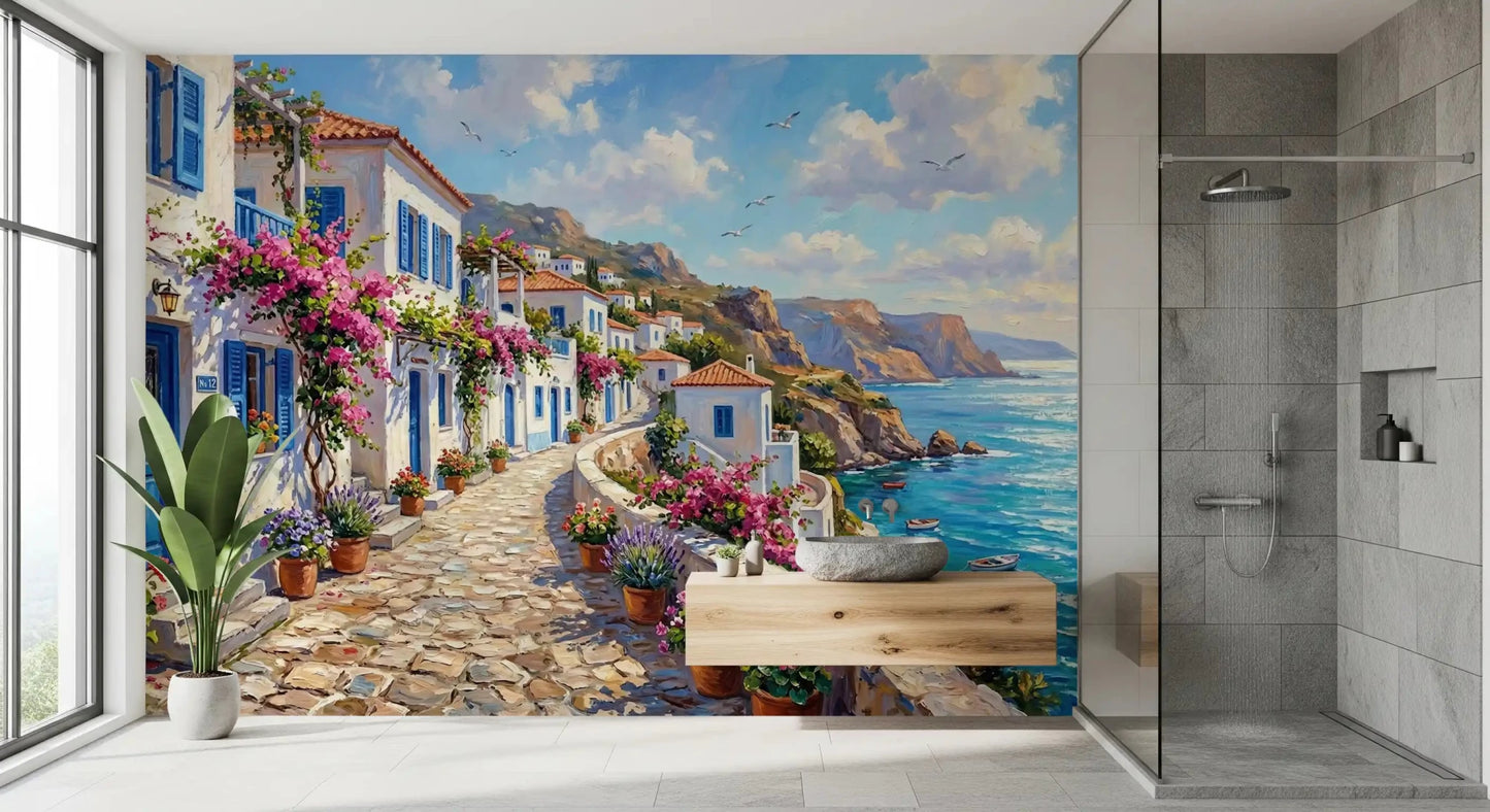 Greek village wall mural with stone path and sea horizon