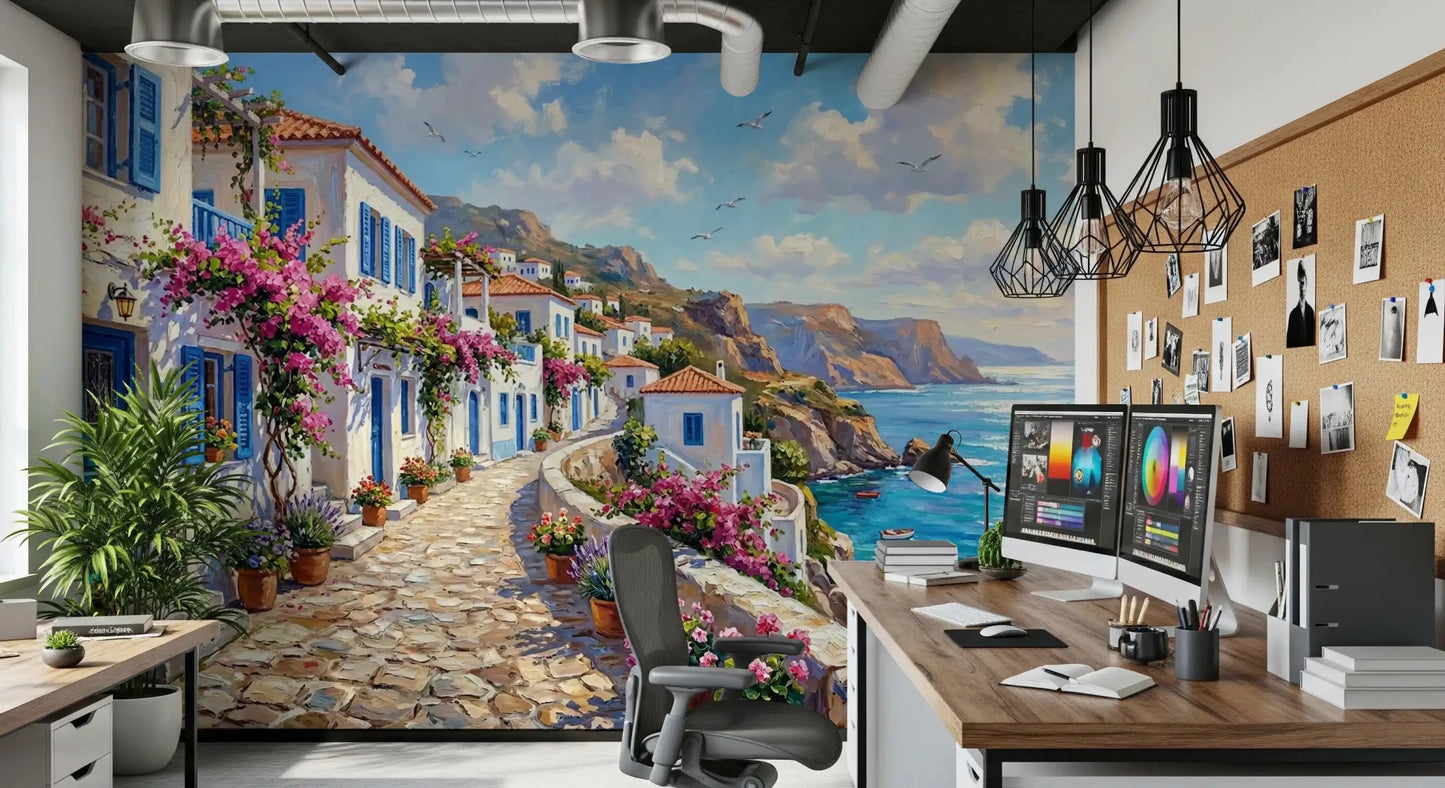 Mediterranean escape wall mural with white homes and turquoise sea