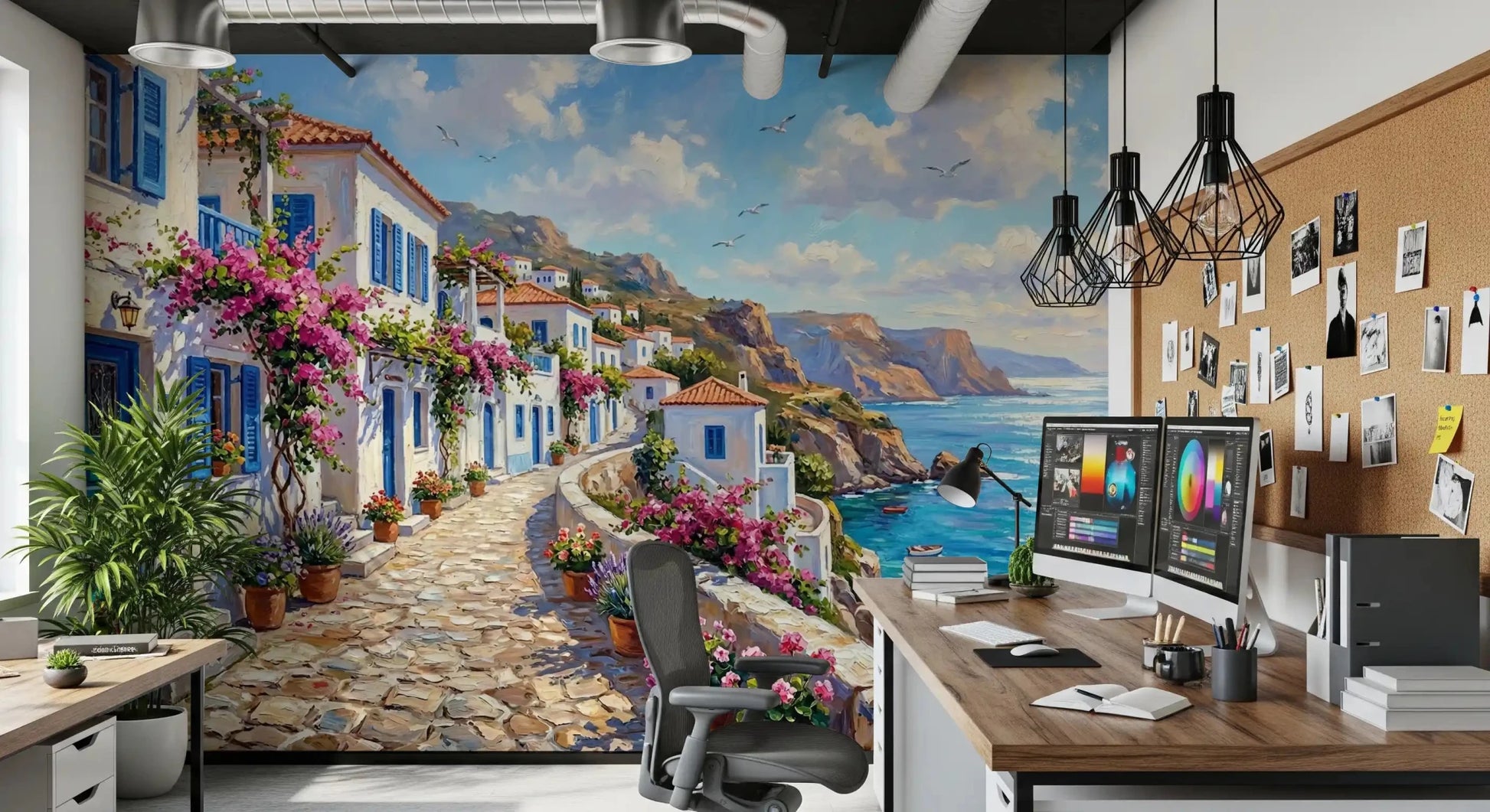 Mediterranean escape wall mural with white homes and turquoise sea