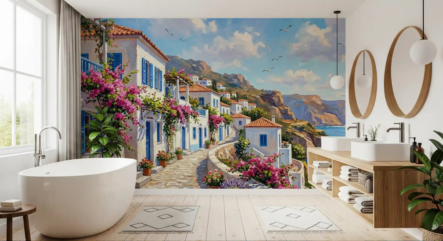 Coastal greek village wall mural with sea view and floral pathway