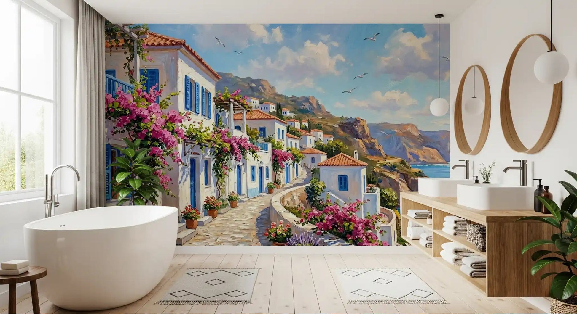 Coastal greek village wall mural with sea view and floral pathway
