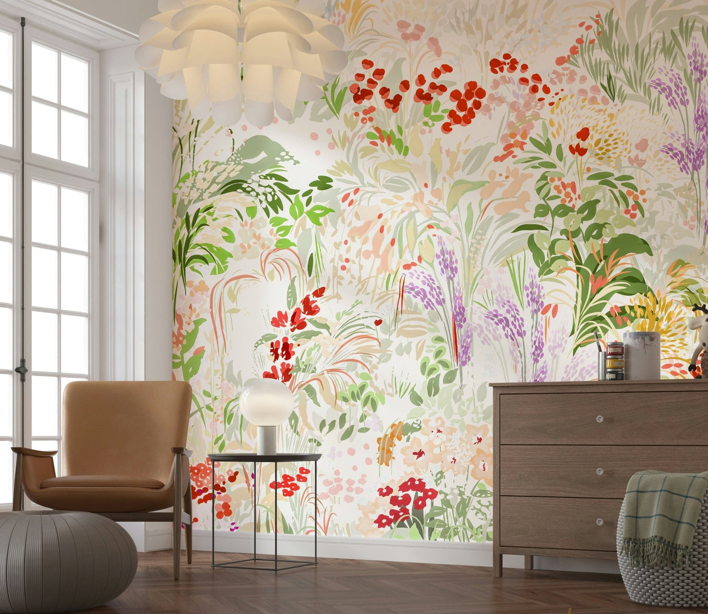 A painterly meadow wallpaper featuring soft brushstrokes of wildflowers in vibrant greens, reds, and purples.