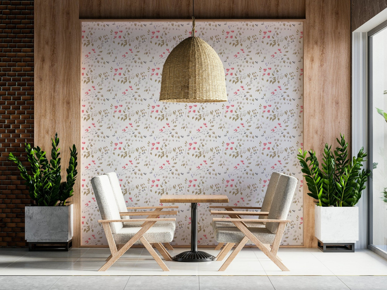 Decorative wall covering with hand-painted flower petals design