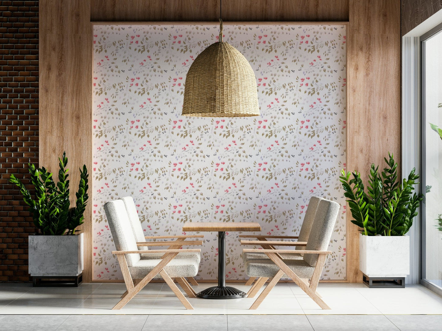 Decorative wall covering with hand-painted flower petals design