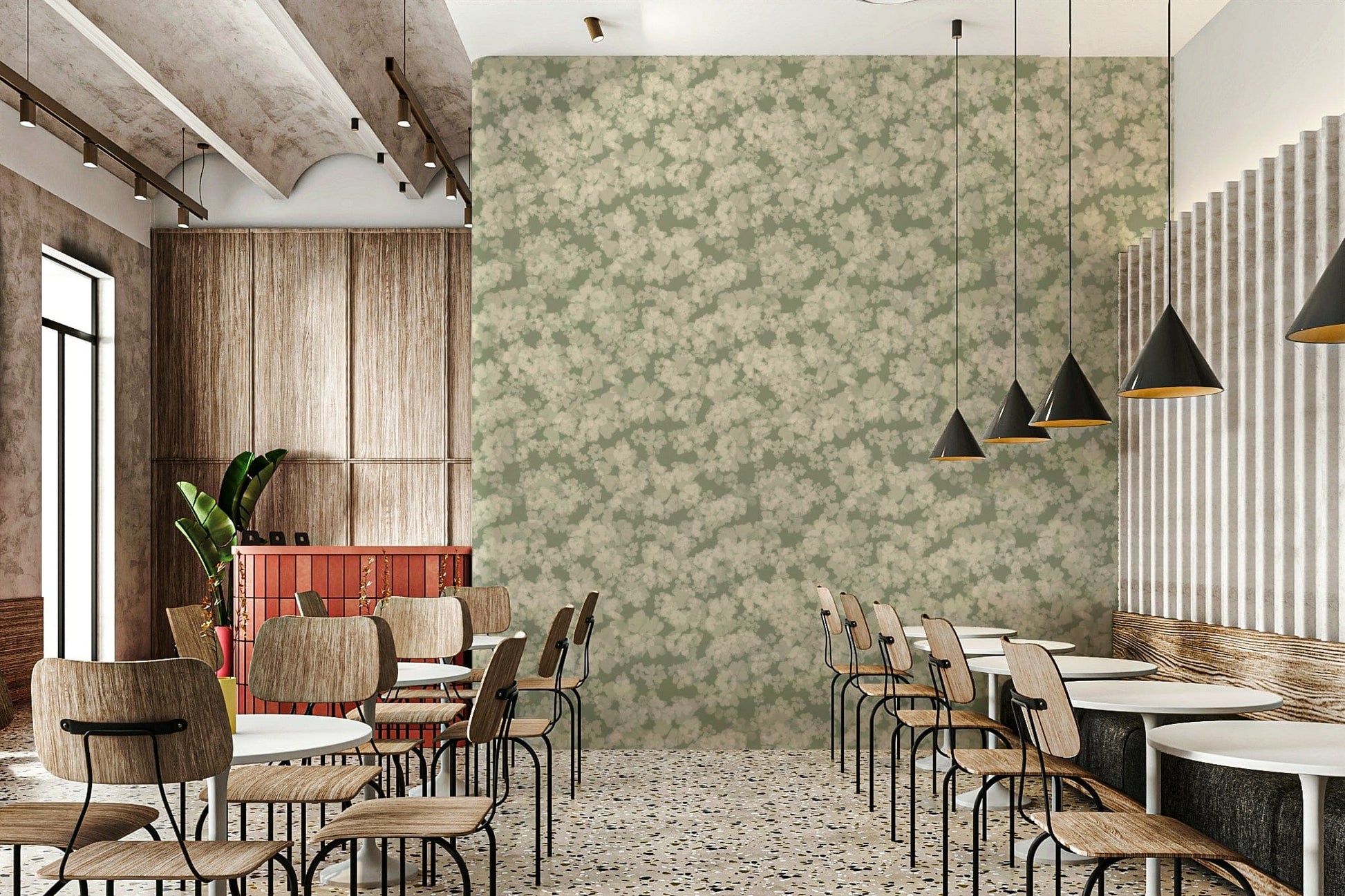 Green background scenic floral Painterly Soft Blossom Wallpaper accent wall.