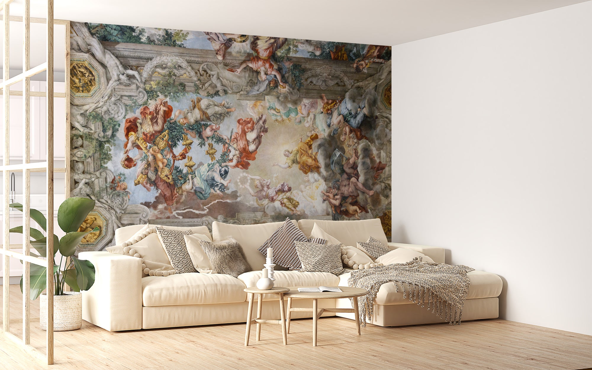 Palazzo Barberini wallpaper mural with a baroque ceiling fresco behind a cream sectional sofa in a living room
