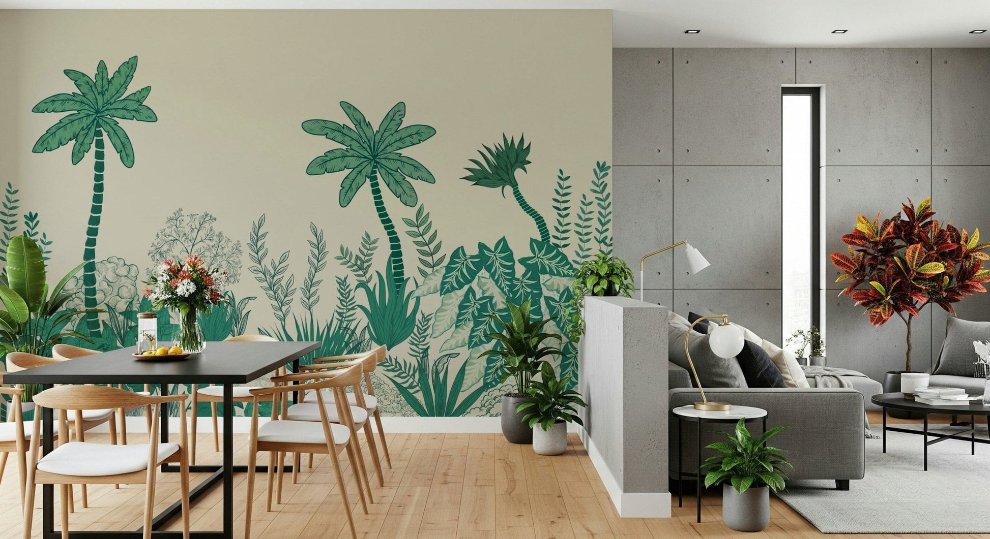 Palm grove feature wall in dining room, muted color palette