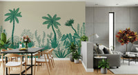 Palm grove feature wall in dining room, muted color palette