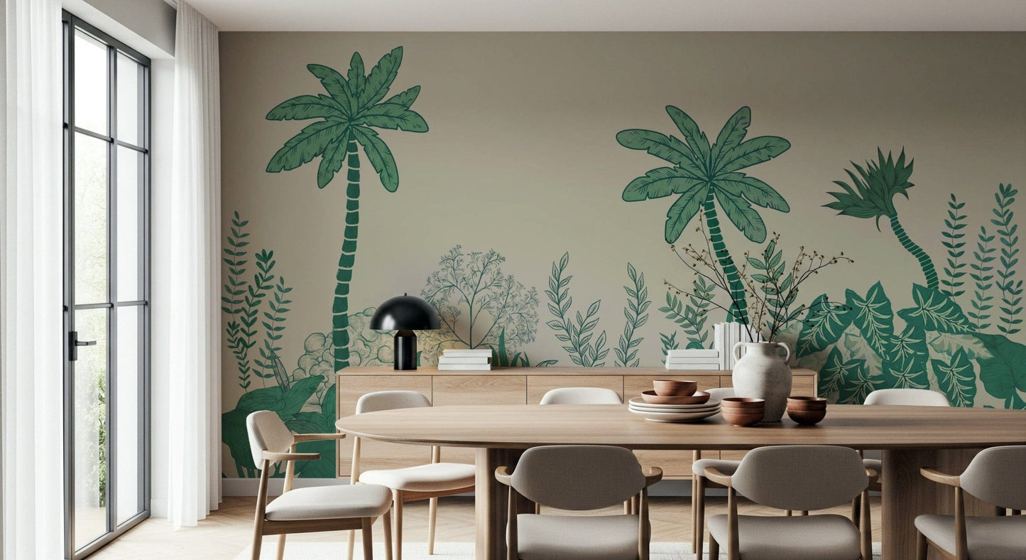 Palm grove mural behind bed, modern bedroom wall decor