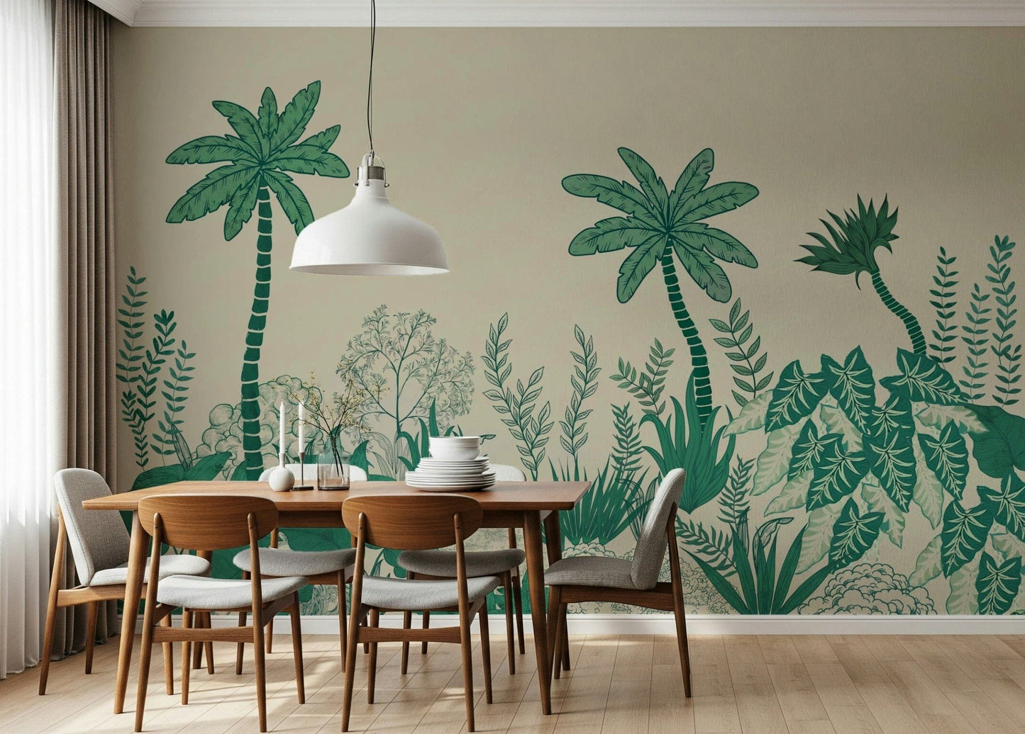Palm fronds mural in hallway, modern wall decor in color