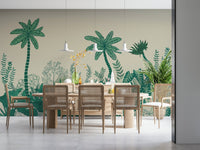 Palm leaf mural in bedroom, soft color and relaxed style