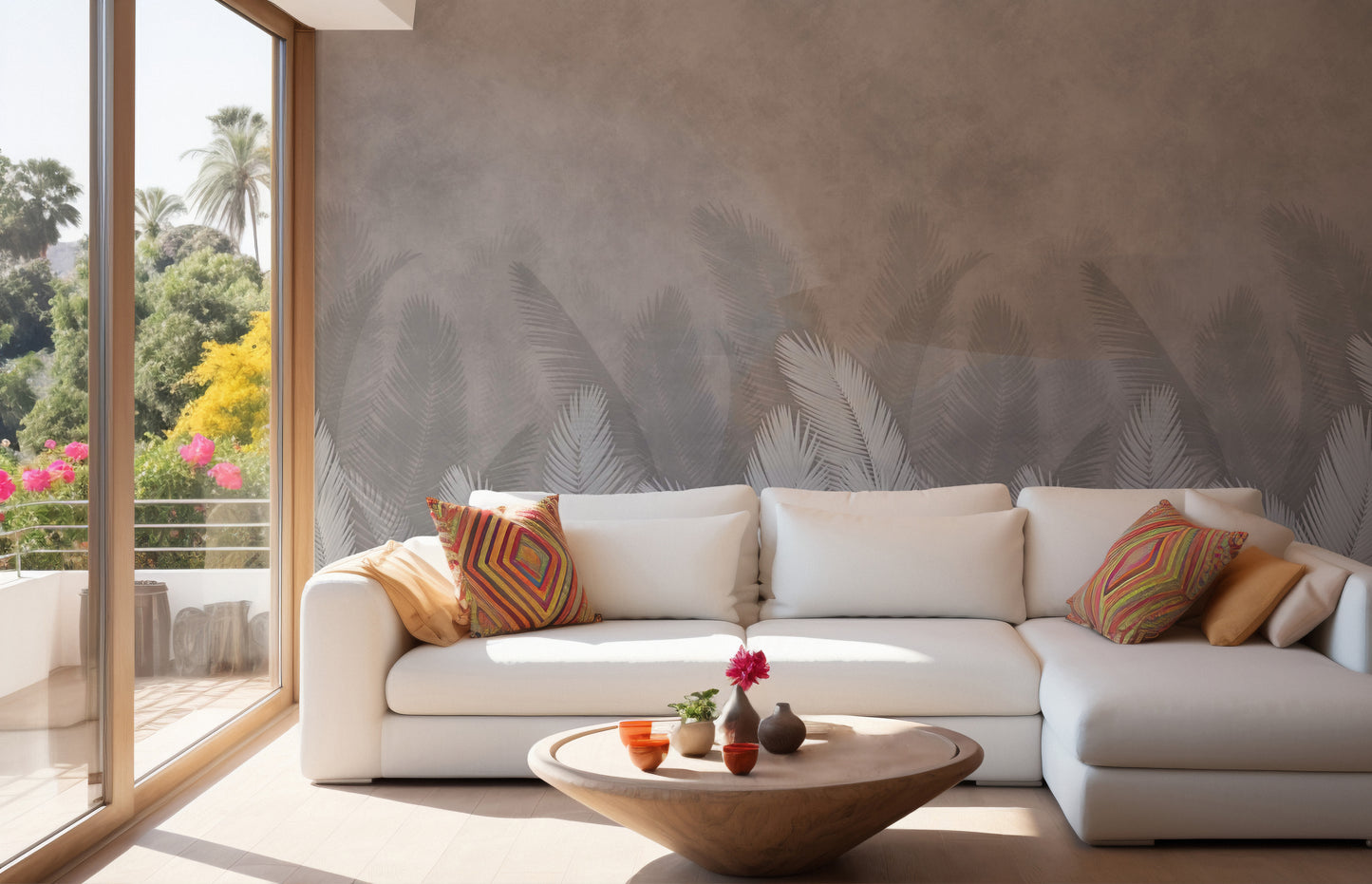 Palm leaves with gray color wallpaper mural styled as a feature wall behind a dining table and chairs in white tones