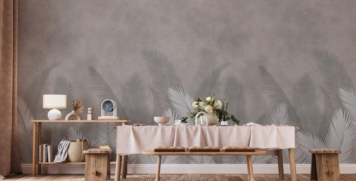 Palm leaves with gray color wallpaper mural as a bedroom feature wall behind the headboard in white tones