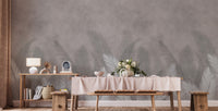 Palm leaves with gray color wallpaper mural as a bedroom feature wall behind the headboard in white tones