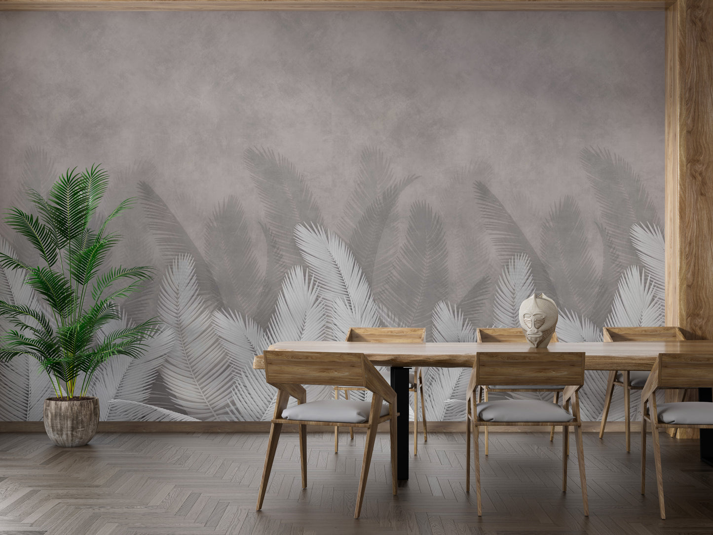 Palm leaves with gray color wallpaper mural shown as a full feature wall that highlights the design