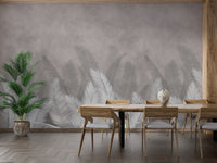 Palm leaves with gray color wallpaper mural shown as a full feature wall that highlights the design