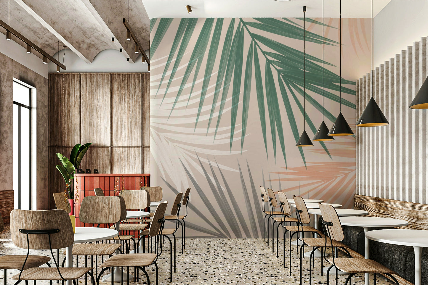 Tropical palm leaves wall mural with a playful vibe

