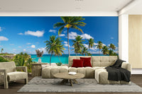 A calming serene beach wallpaper mural that defines a space.

