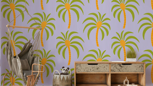 The image shows a repeating pattern of palm trees and stripes.

