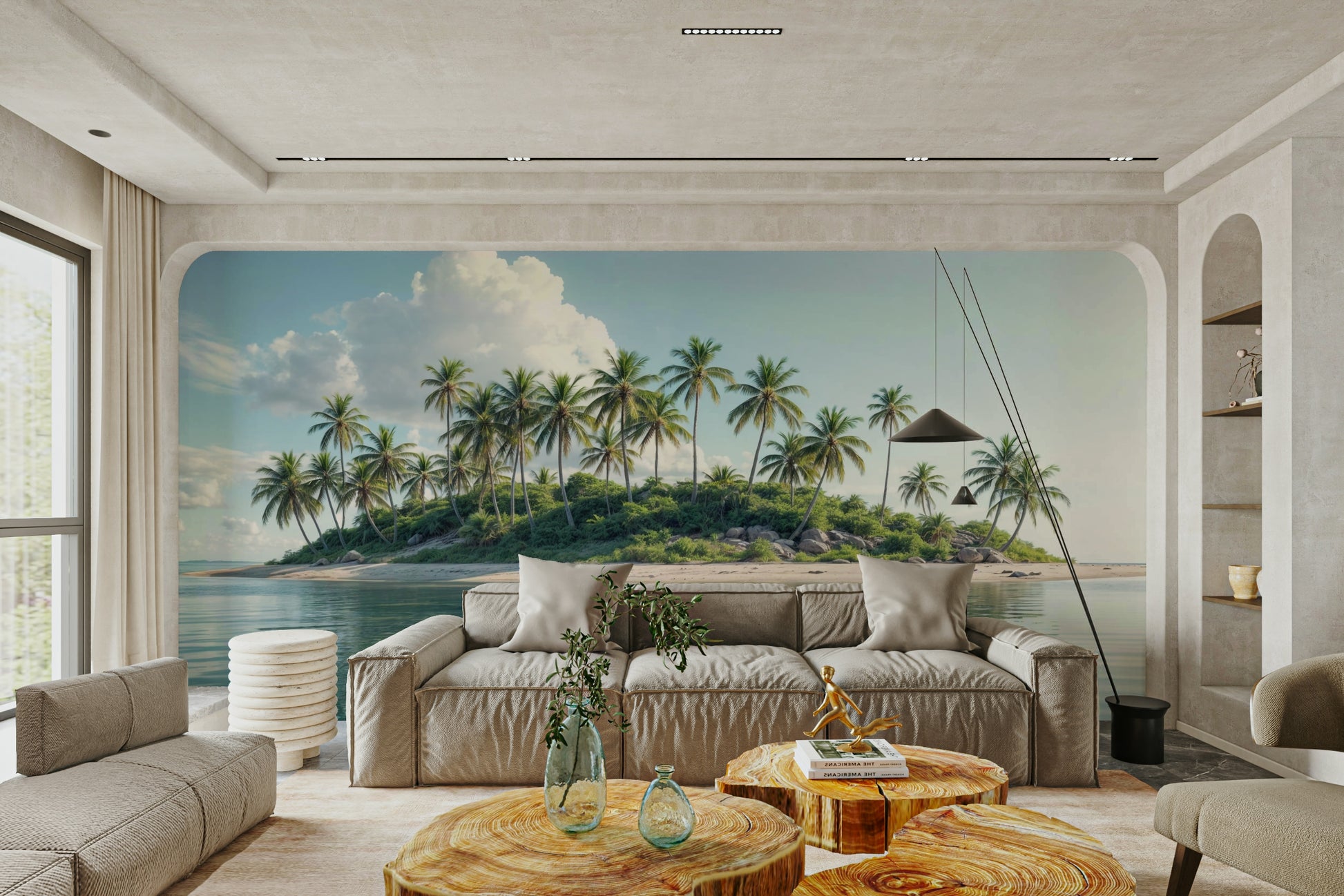 Soft green palm leaf textures for a refined interior finish.
