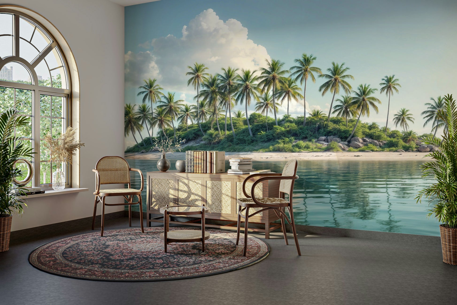 Home office with a large scale botanical mural installation.
