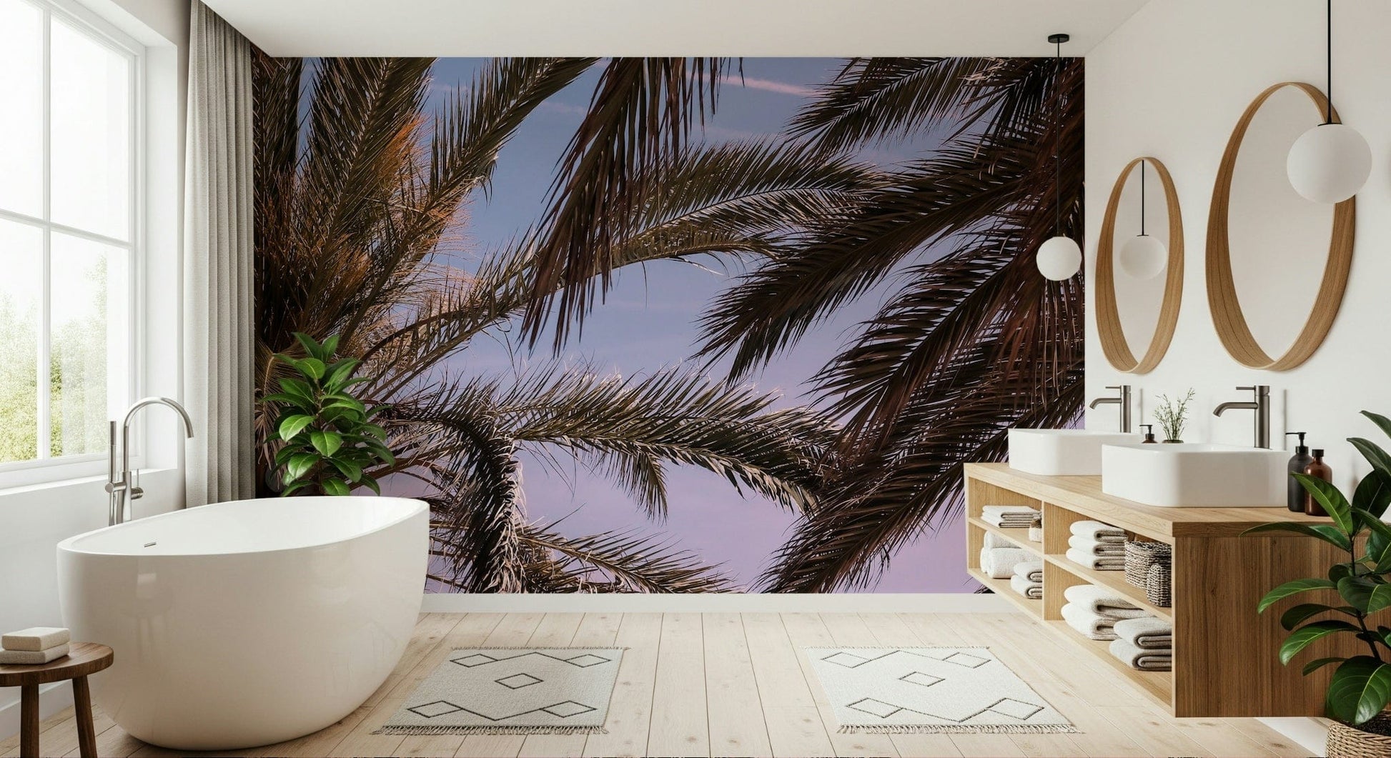 Wall mural featuring palms against soft skies, evoking serenity and tropical charm.