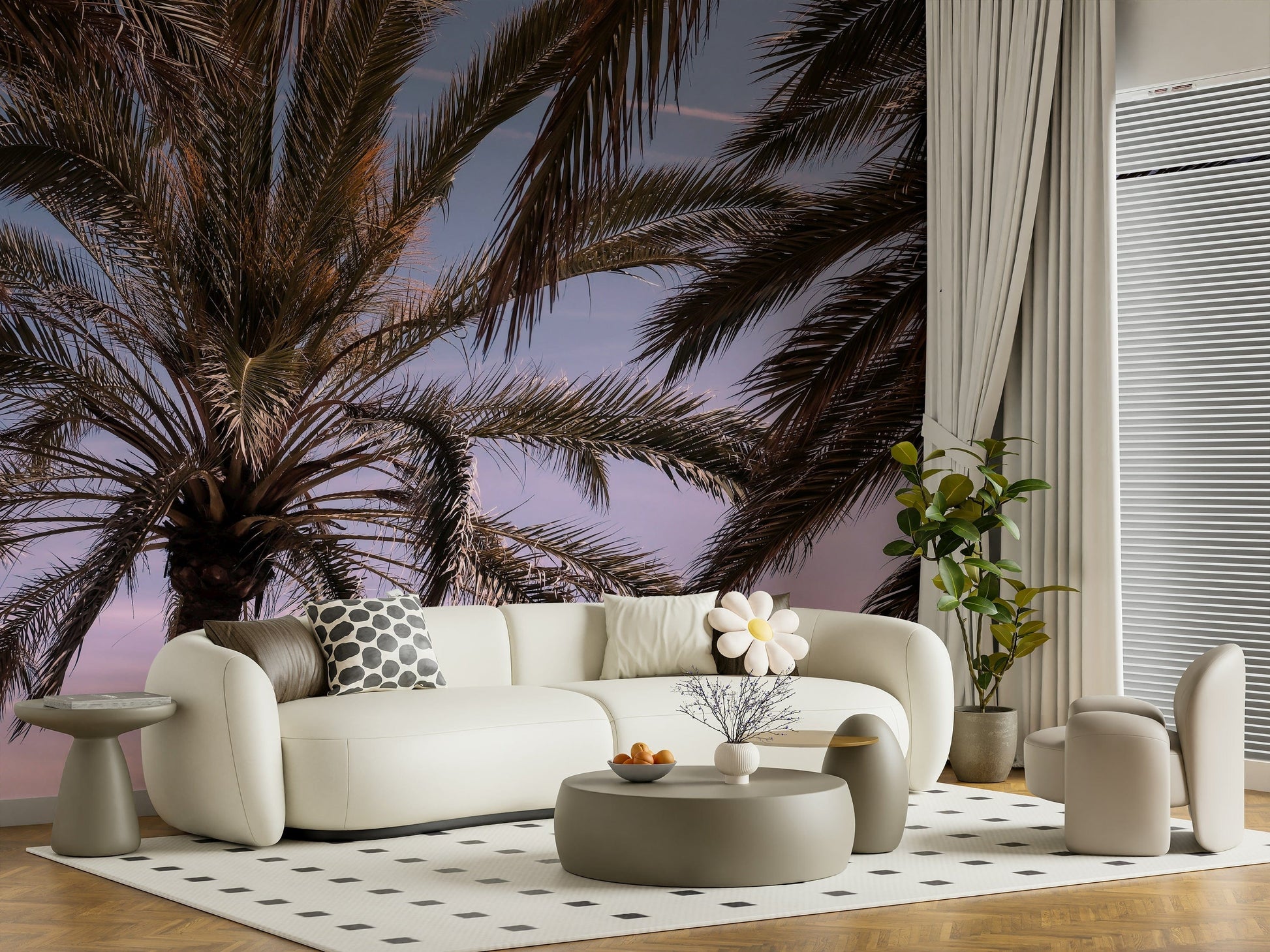 Palm Sky Serenity mural adding a relaxing, coastal vibe to any interior space.