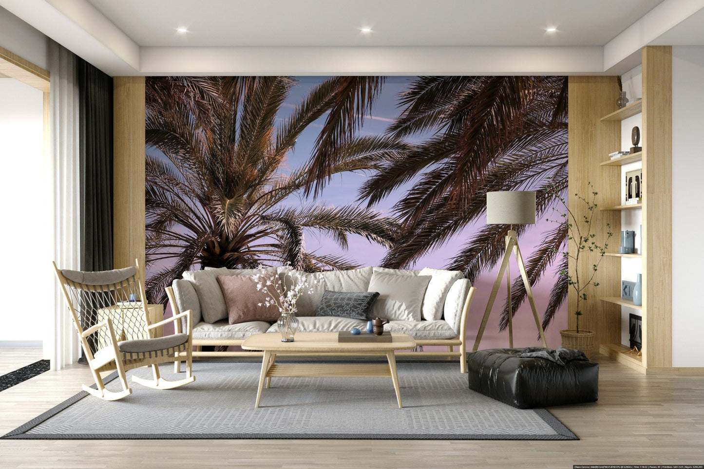 Tropical scenery wall mural with palm trees and soft, dreamy sky colors.
