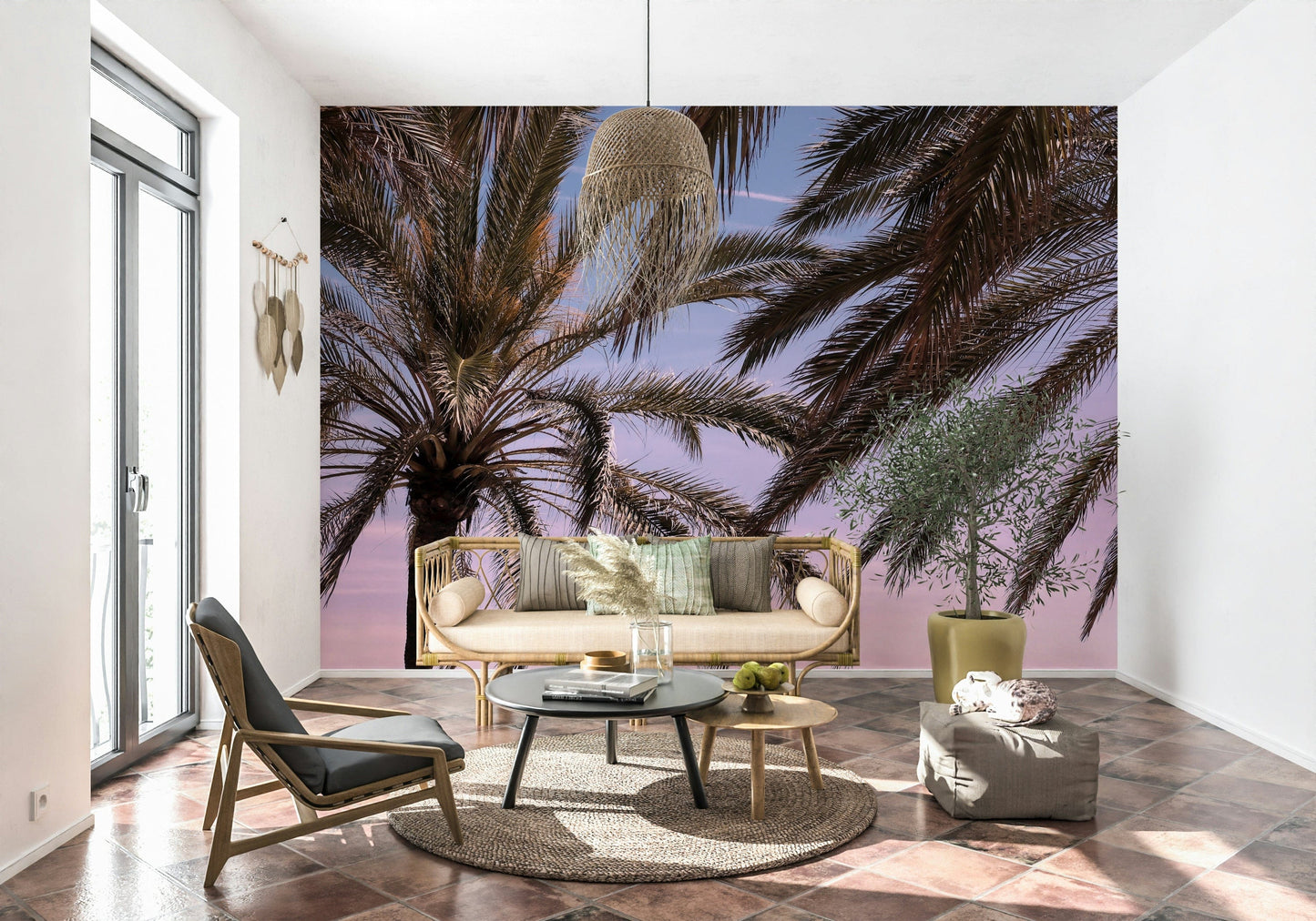 Palm Sky Serenity wallpaper with graceful palms and pastel skies for bedrooms or living rooms.