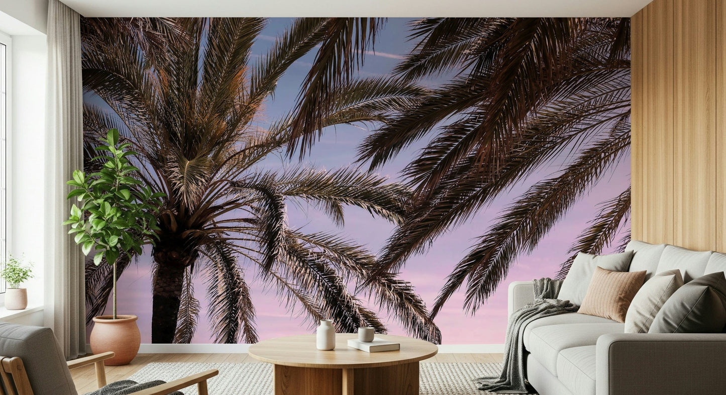 Sunset-inspired palm mural creating a tranquil, beachy atmosphere.