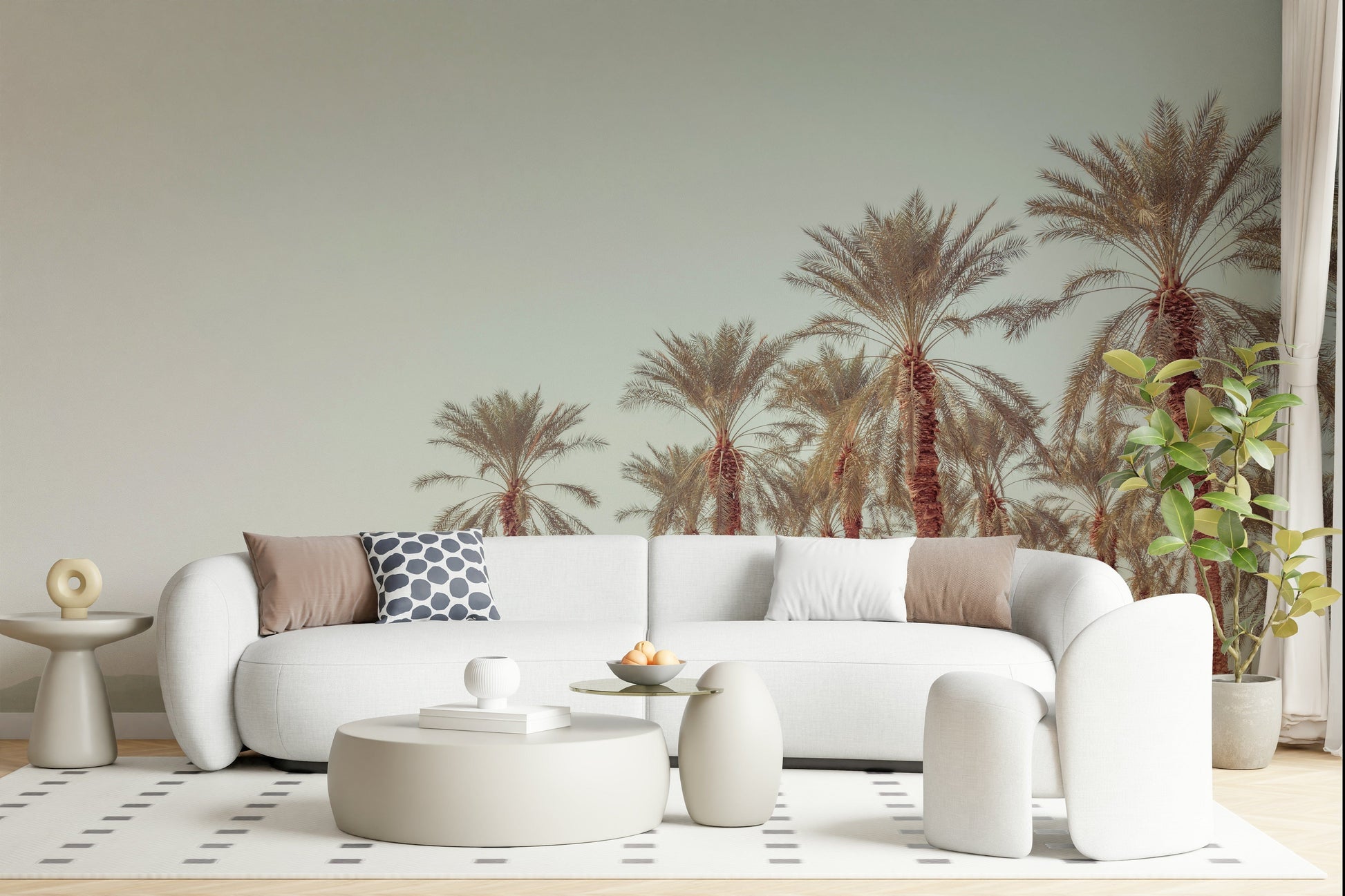 Elegant palm tree mural with gentle gradient sky and warm natural coloring.